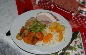 Preservative-free Ham, Paw Paw and Noodle Salad, Roast Duck, Roast Vegetables and Beans