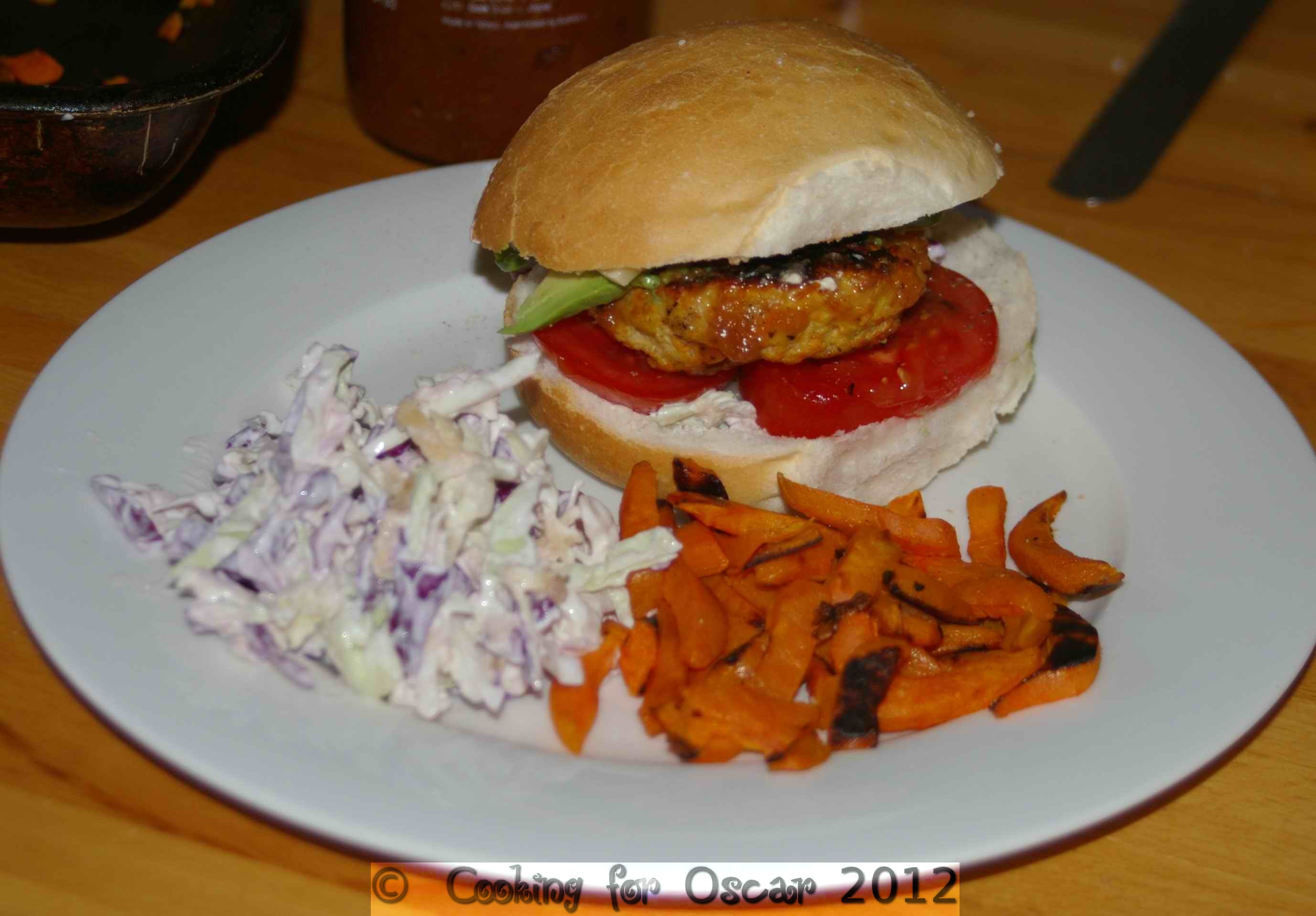 Chicken Burgers and Sweet Potato Fries with Apple Coleslaw