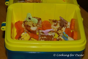 Lunch box with Egg Rolls and carrot shapes.
