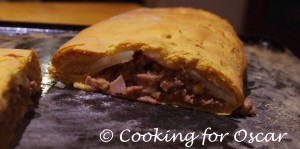 Savoury Calzone with potato, mince and gravy filling, using sweet potato spelt and rye dough.